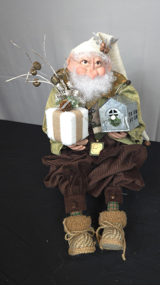 Elf Doll Holding Present and Tin House