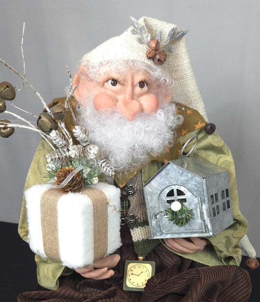 Elf Doll Holding Present and Tin House