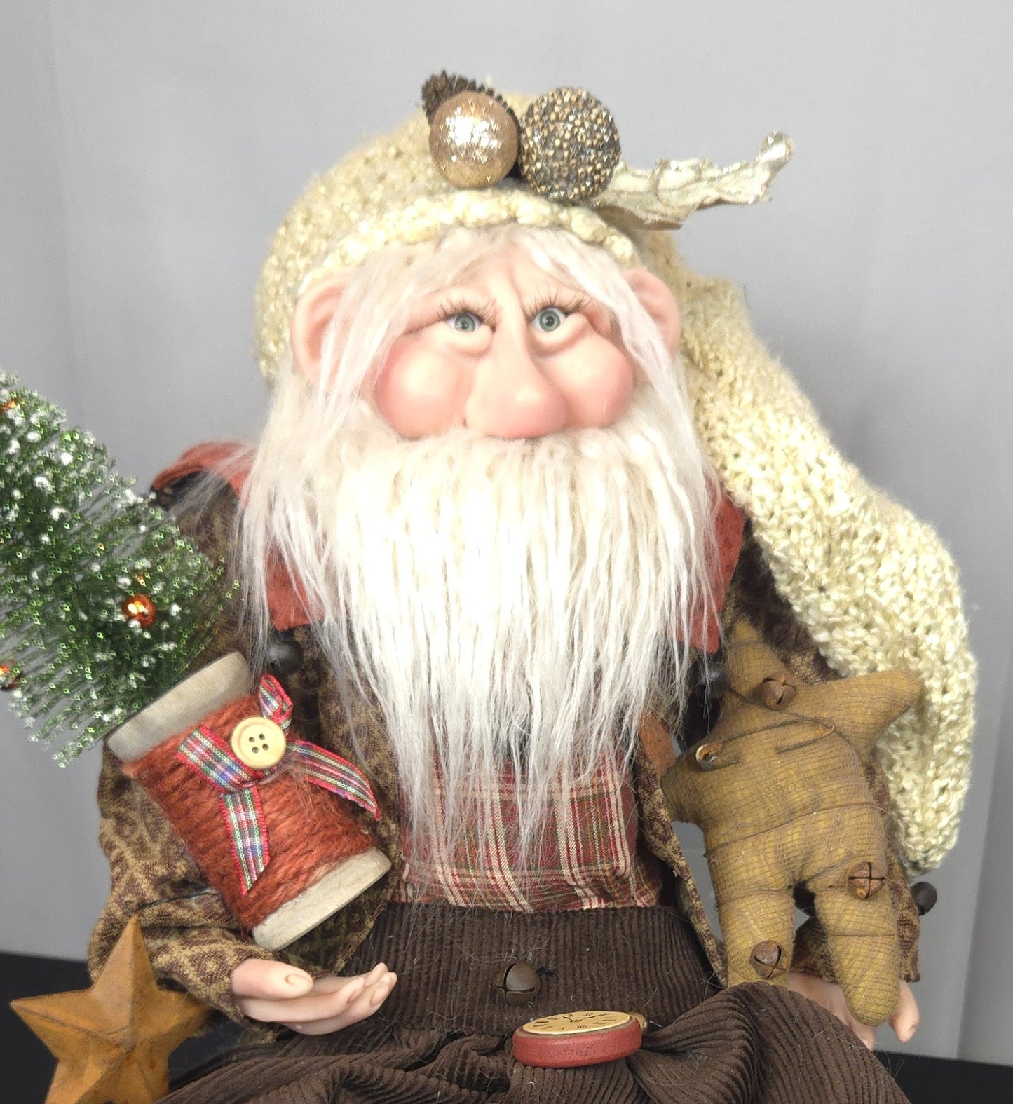 Santa Doll Holding Christmas Tree and Stuffed Prim Star