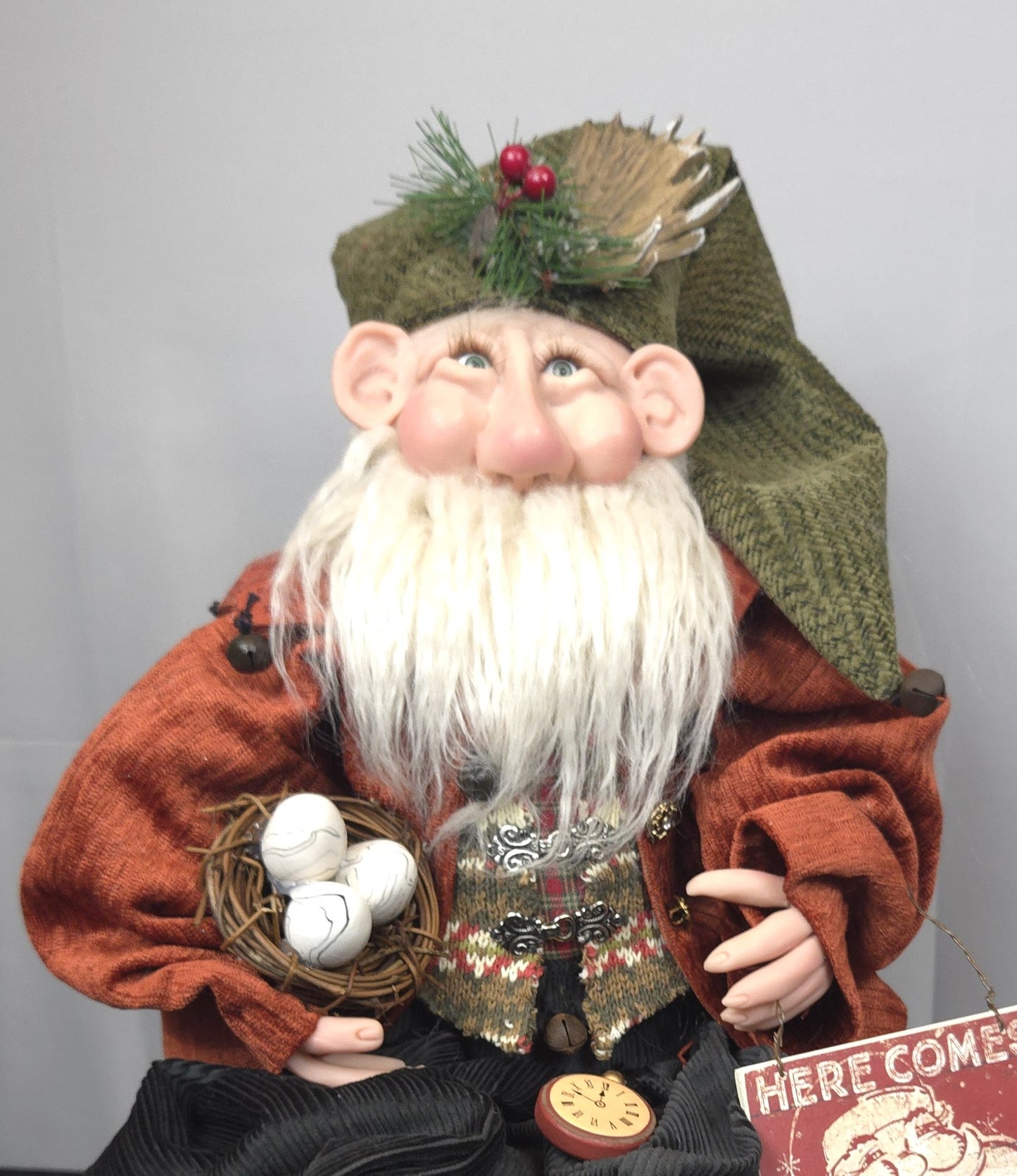 Santa Doll With Nest of Eggs and Sign